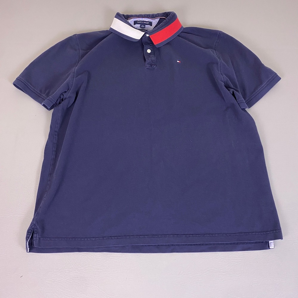 Tommy Hilfiger Polo Shirt Mens XXL Navy Blue Custom Fit Colorblock Collar Cotton